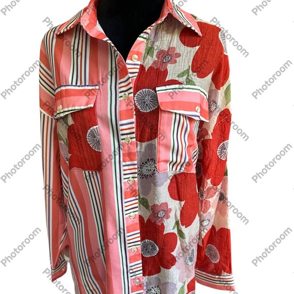 White Birch Small Pink & Red Floral & Striped Long Sleeve Button Blouse - Picture 1 of 5